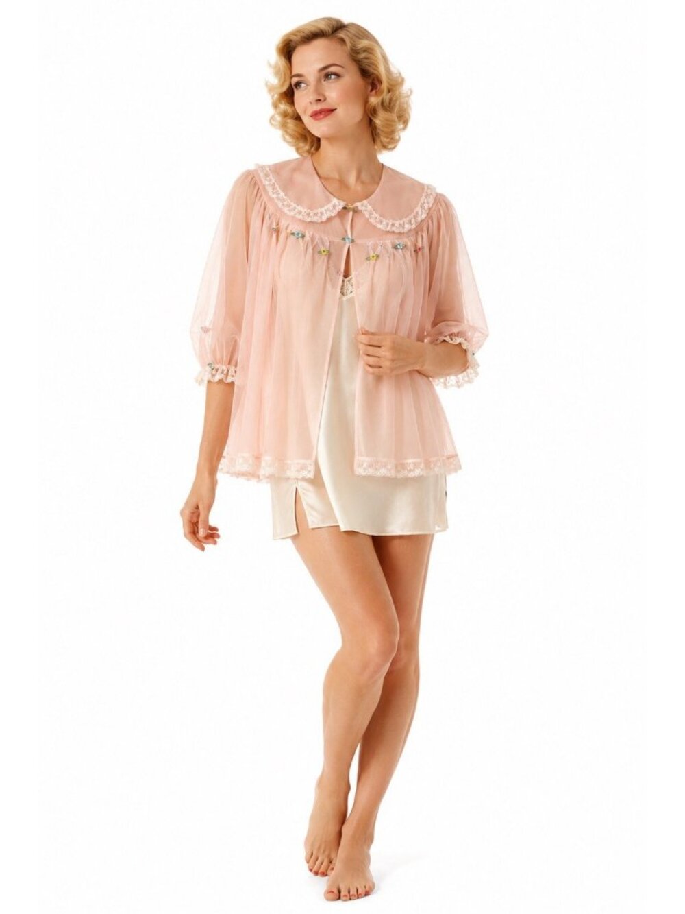 vintage 50s GOTHAM GOLD STRIPE pink sheer bed jacket MEDIUM boudoir floral robe